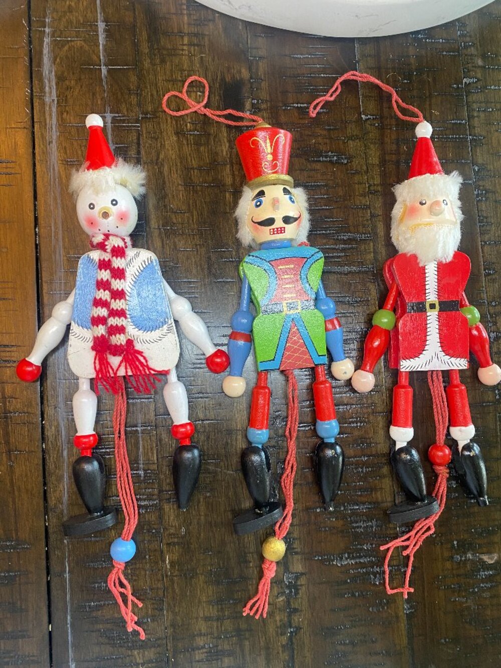 Lot 3 Wood Pull String Jumping Jack Christmas Ornaments Santa Snowman Nutcracker